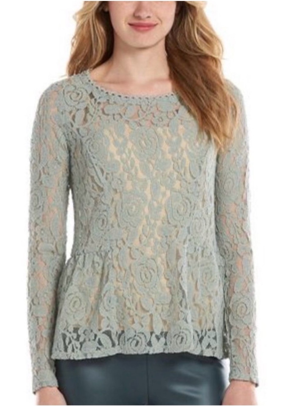 LC Lauren Conrad Runway Collection Sage Green Lace Peplum Top XL Long Sleeve NWT